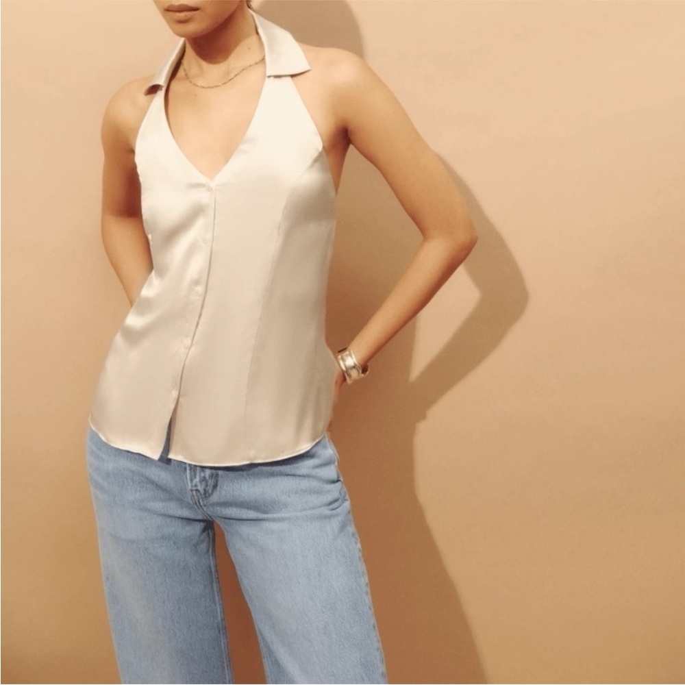 Silky Button-Front Halter Top in Champagne